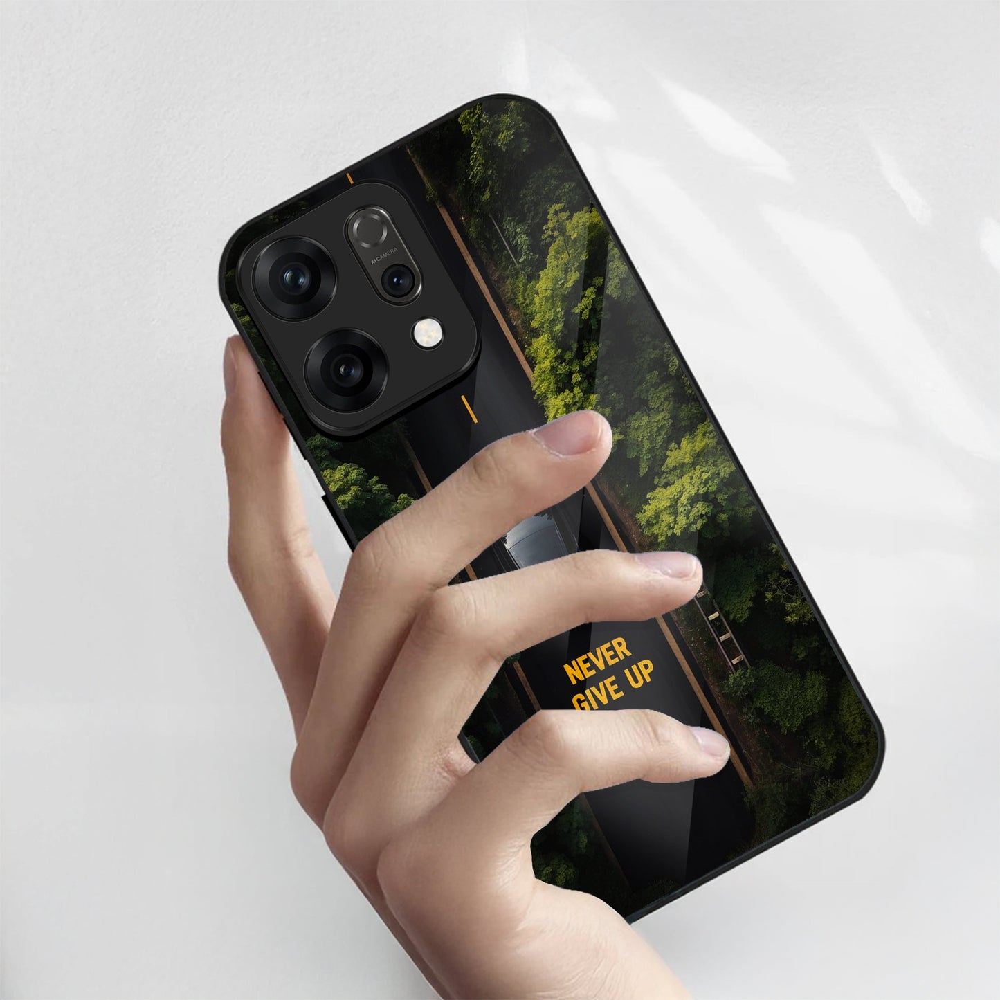 Oppo Reno 14 5G Premium Acrylic Shockproof Glass Back Case (Road Never Give Up)