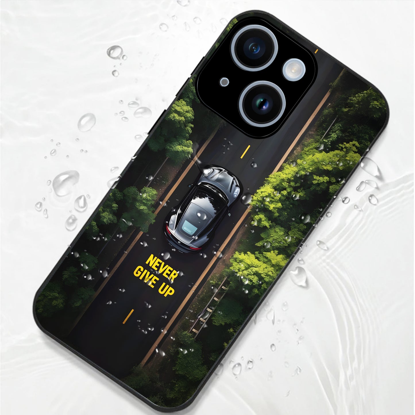 iPhone 14 Premium Acrylic Shockproof Glass Back Case (Road Never Give Up)