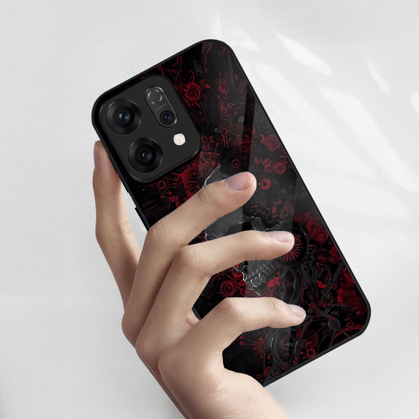 Oppo Reno 14 5G Red & Black Grunge Skull Aesthetic Glass Case