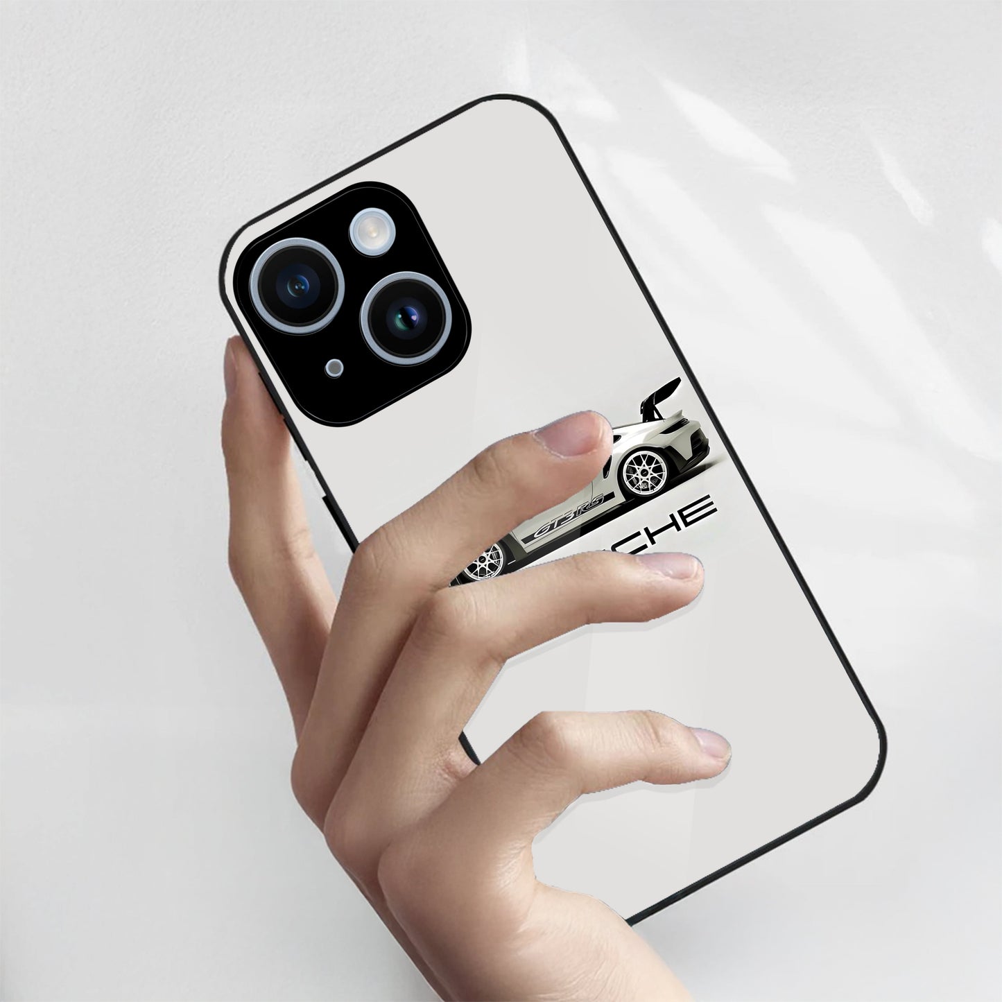 iPhone 14 Premium Acrylic Shockproof Glass Back Case (White Porsche)