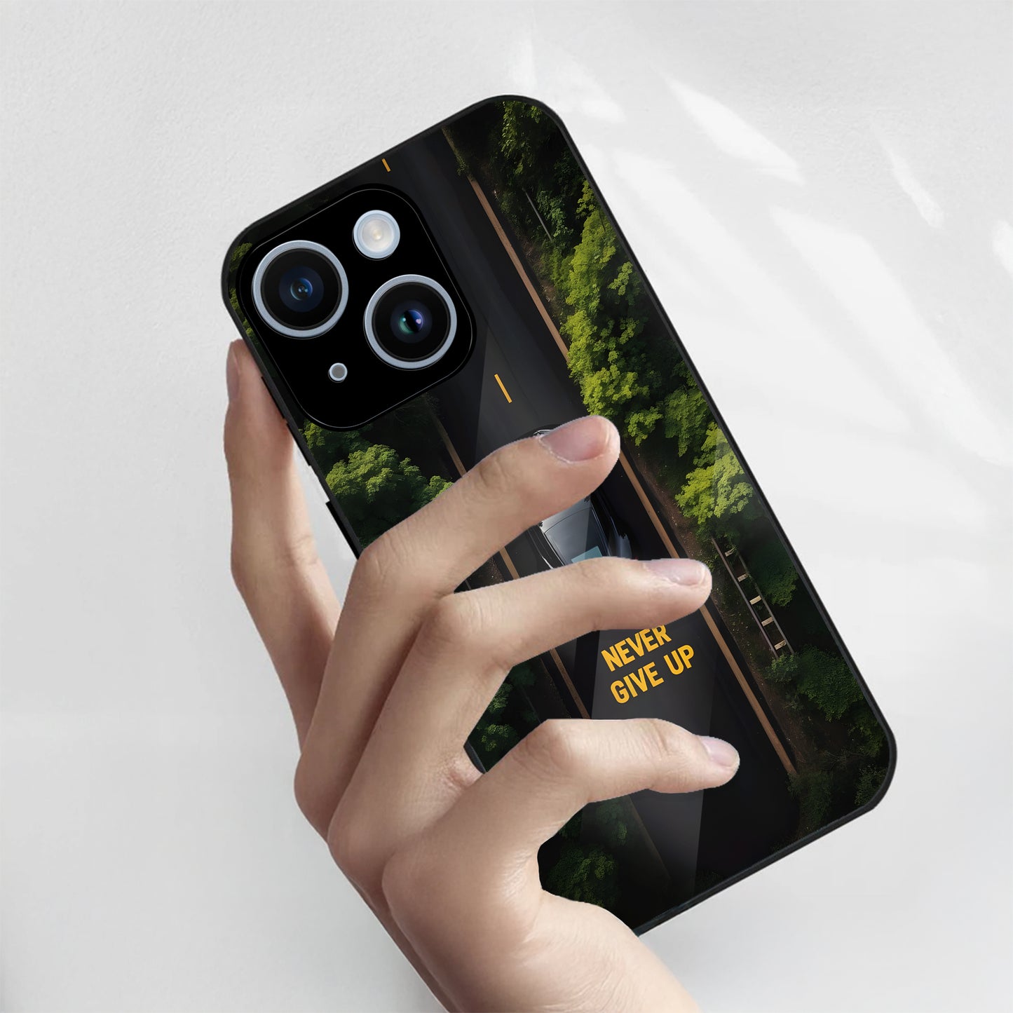 iPhone 14 Premium Acrylic Shockproof Glass Back Case (Road Never Give Up)