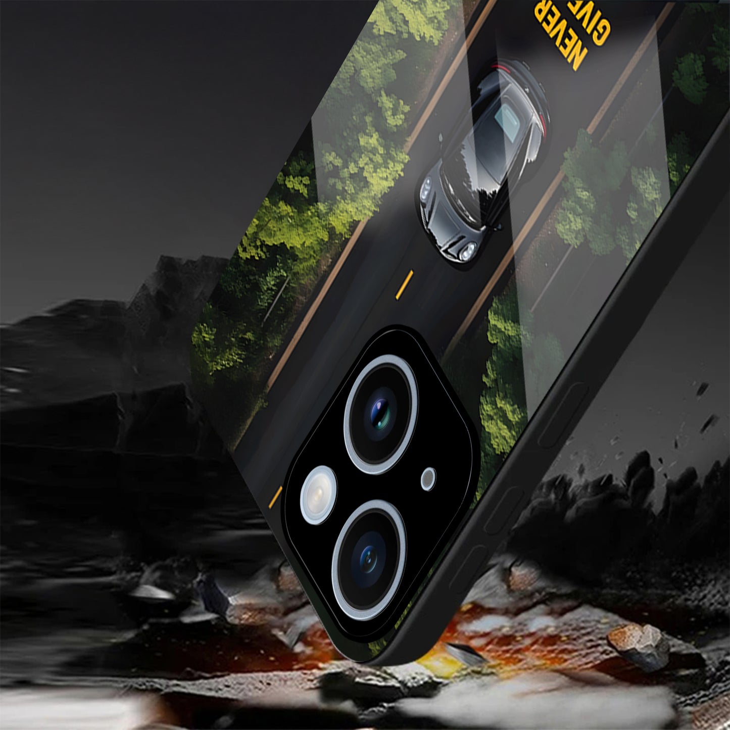iPhone 14 Premium Acrylic Shockproof Glass Back Case (Road Never Give Up)