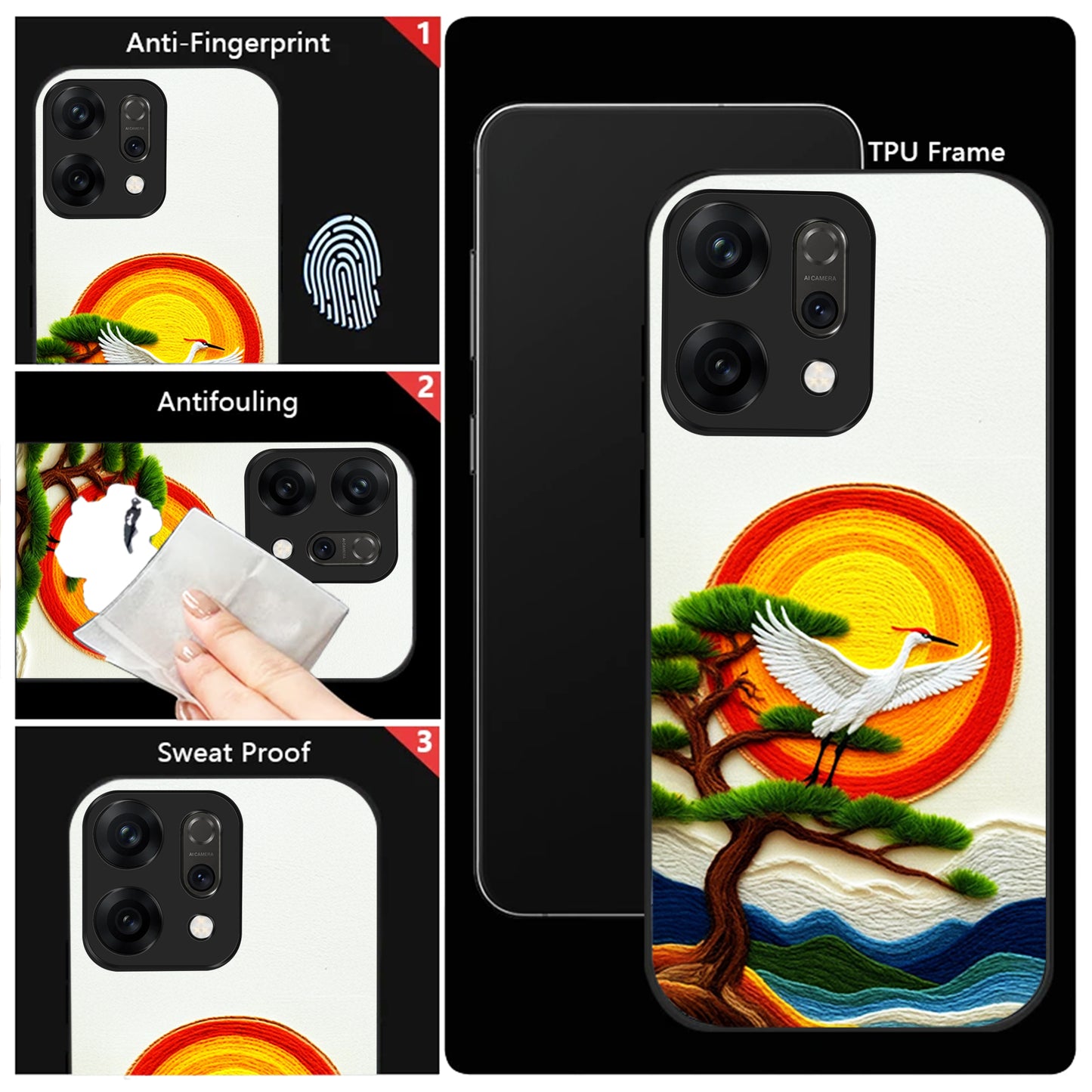 Oppo Reno 14 5G 3D Embroidery Style Crane Aesthetic Glass Case