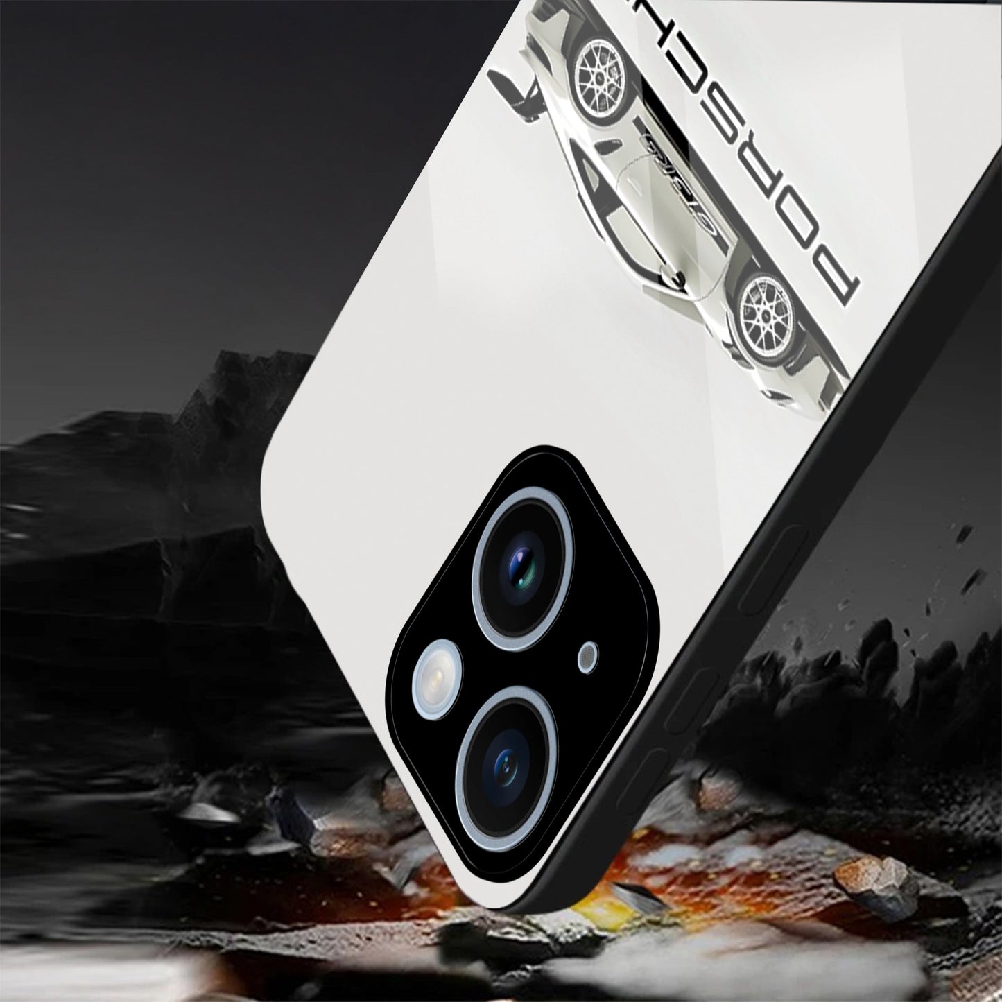 iPhone 14 Premium Acrylic Shockproof Glass Back Case (White Porsche)