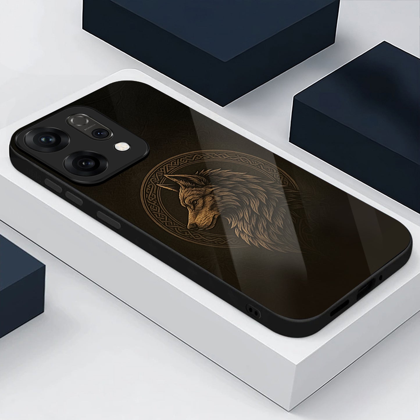 Oppo Reno 14 5G Dark Gold Wolf Aesthetic Glass Case