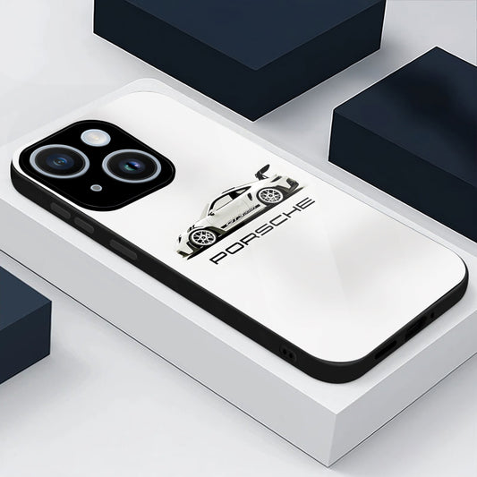iPhone 14 Premium Acrylic Shockproof Glass Back Case (White Porsche)