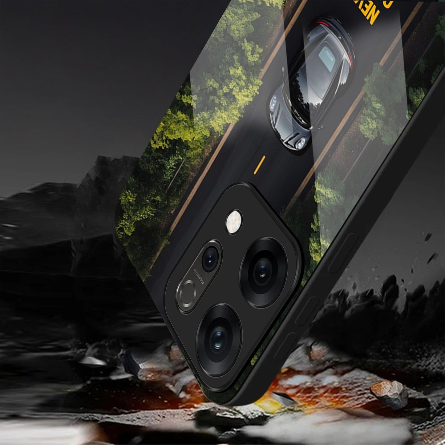 Oppo Reno 14 5G Premium Acrylic Shockproof Glass Back Case (Road Never Give Up)