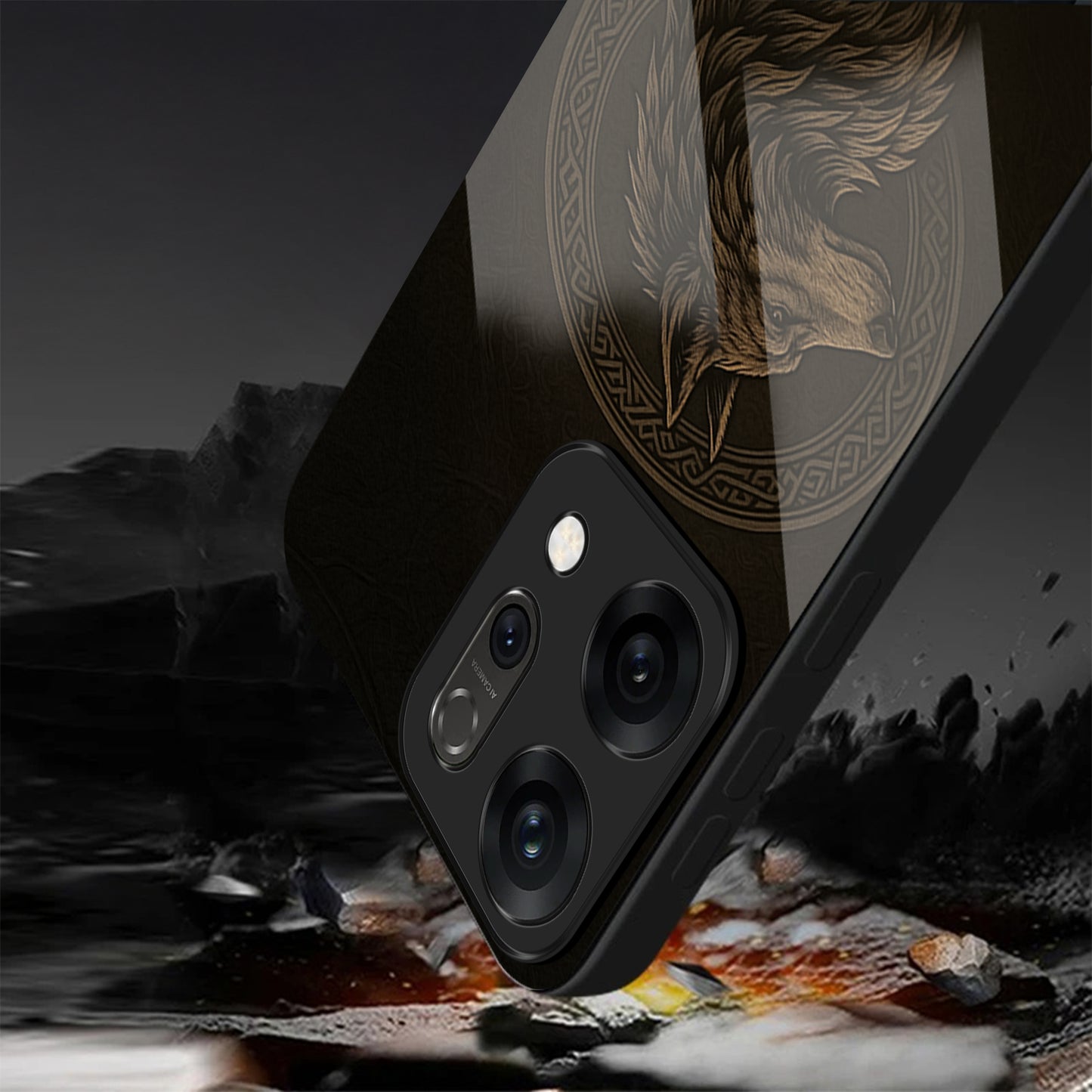 Oppo Reno 14 5G Dark Gold Wolf Aesthetic Glass Case