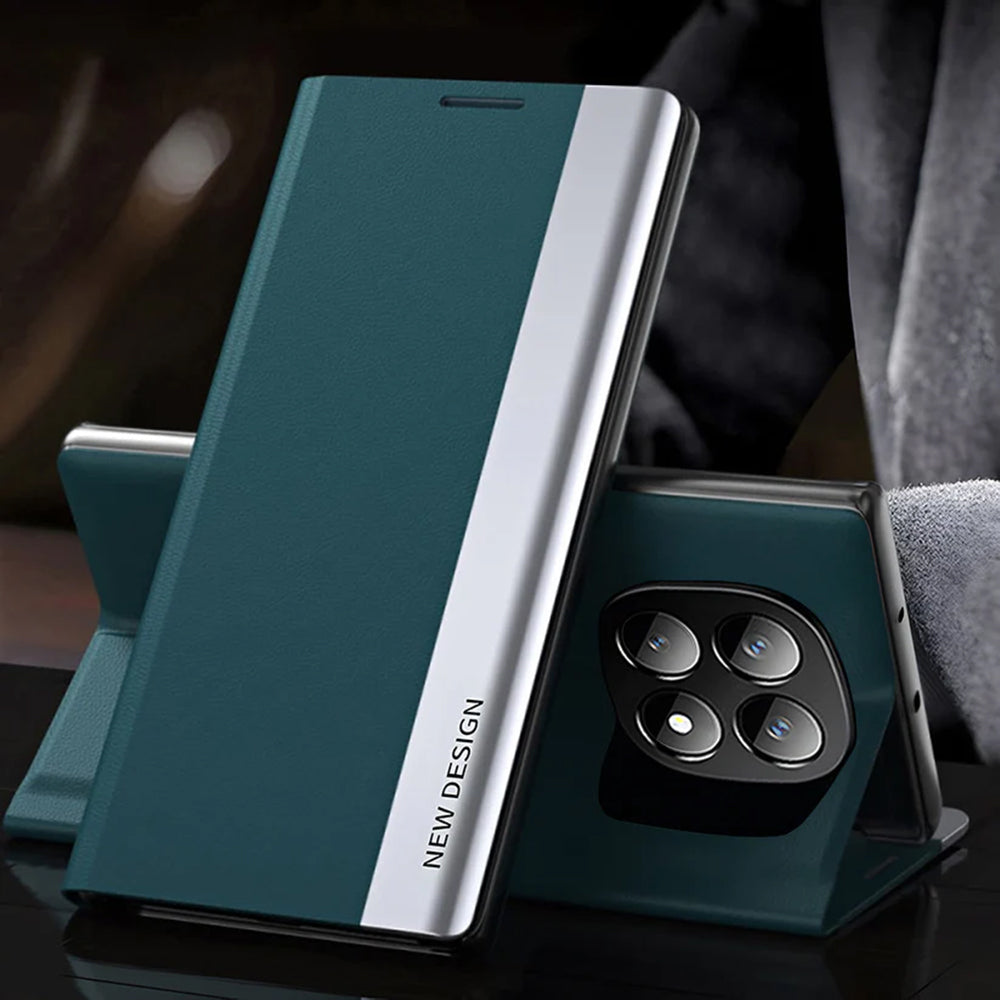 Smartphone with a green case and stand on a dark surface