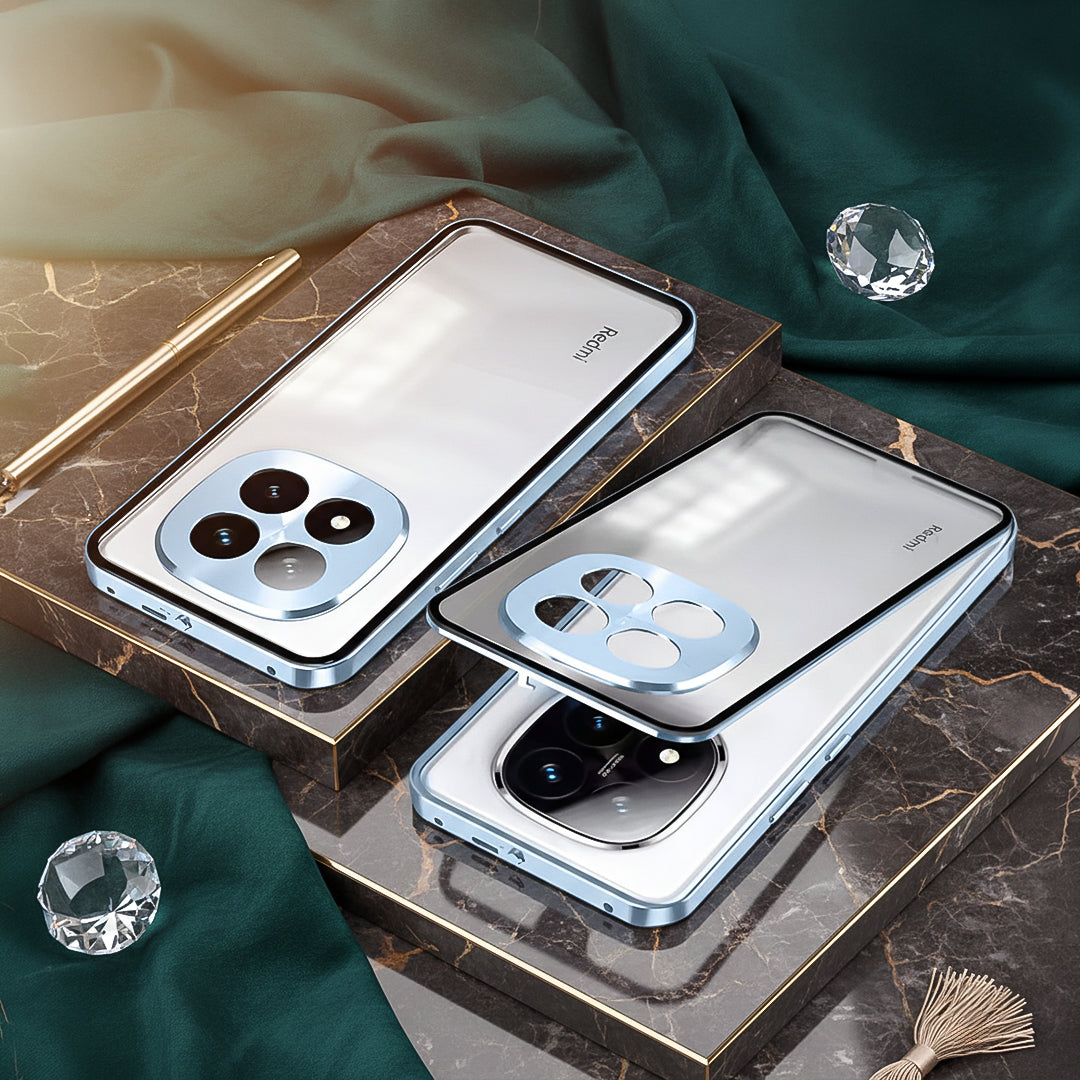 Smartphone with a metallic case on a marble surface with decorative elements