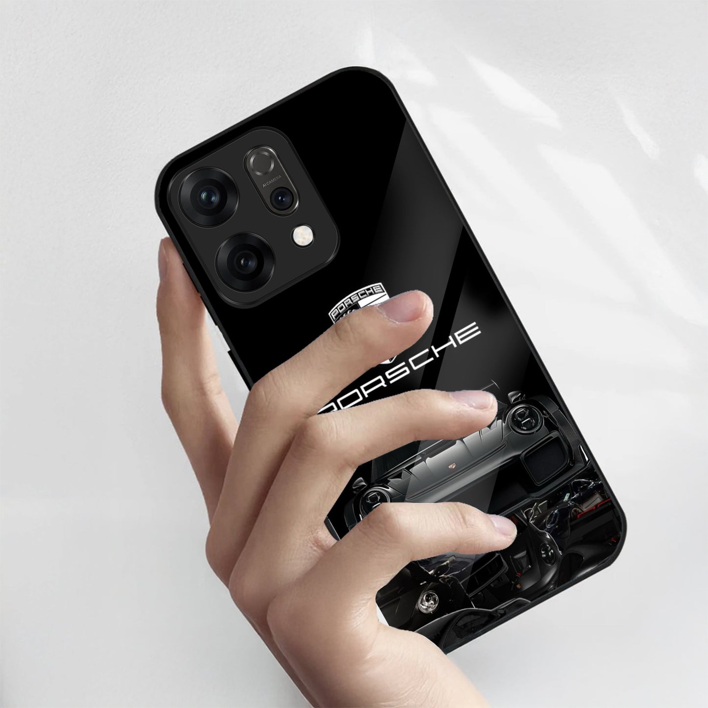 Oppo Reno 14 5G Premium Acrylic Shockproof Glass Back Case (Black Porsche)