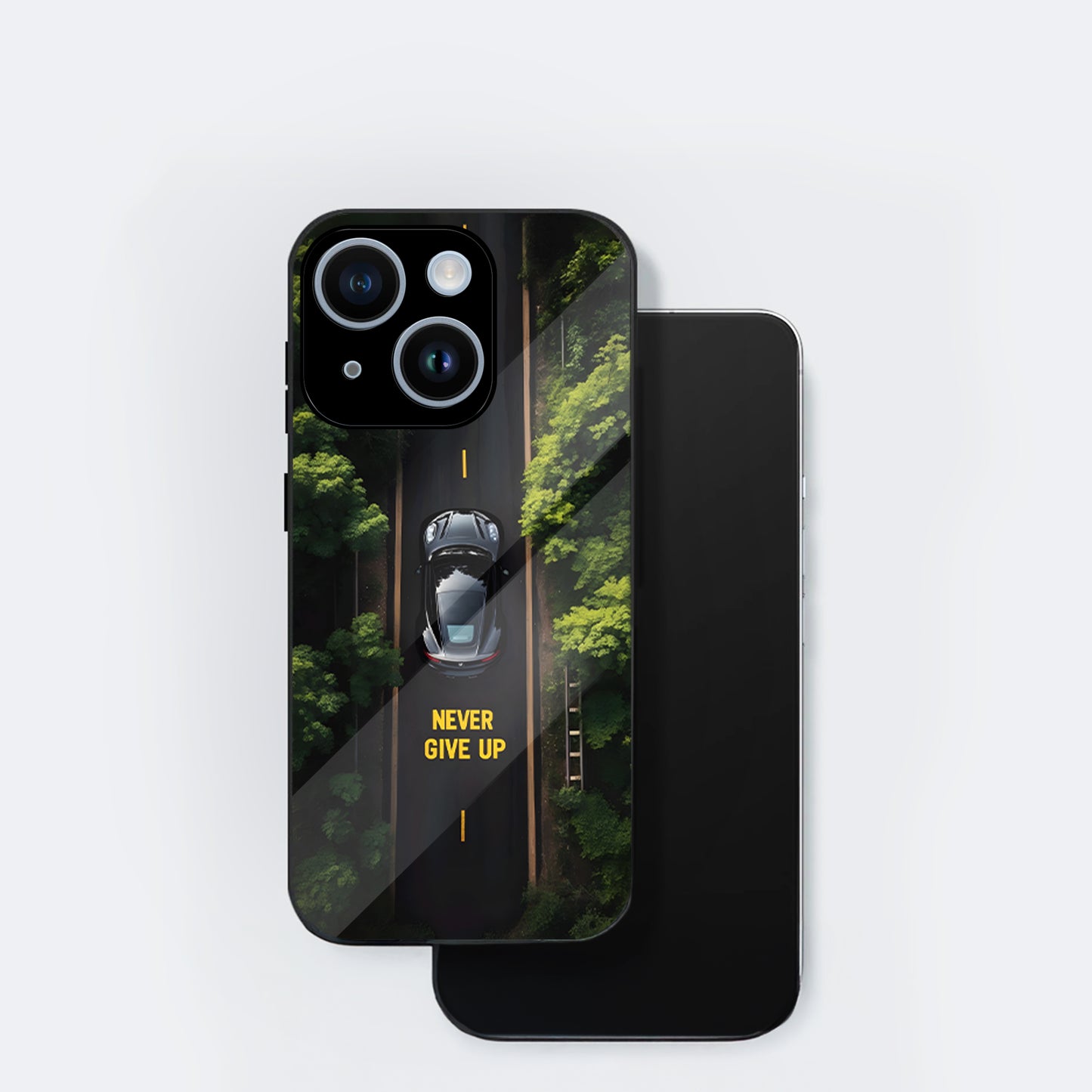 iPhone 14 Premium Acrylic Shockproof Glass Back Case (Road Never Give Up)