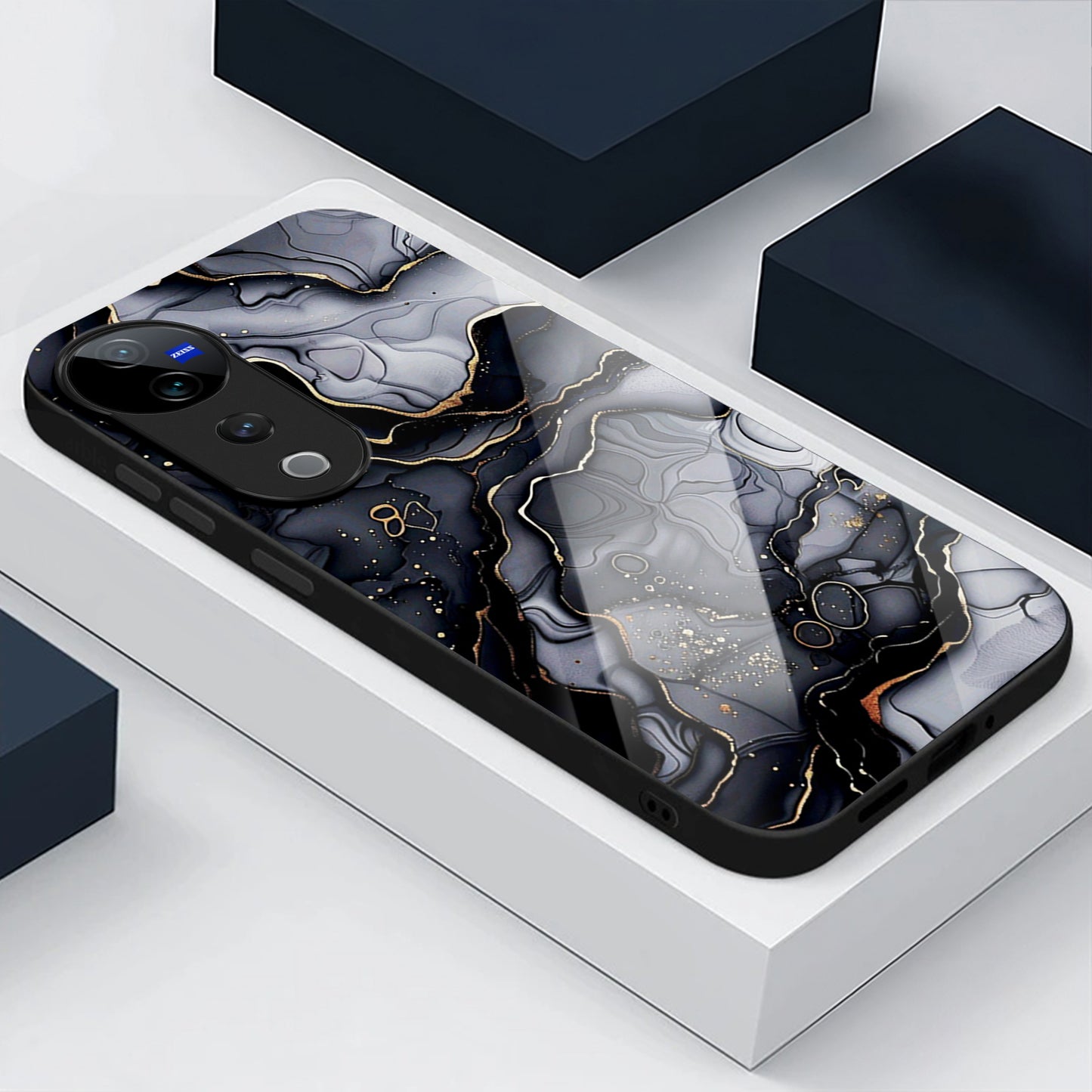 Vivo V40 Pro 5G Premium Acrylic Shockproof Glass Back Case (Black Marble)