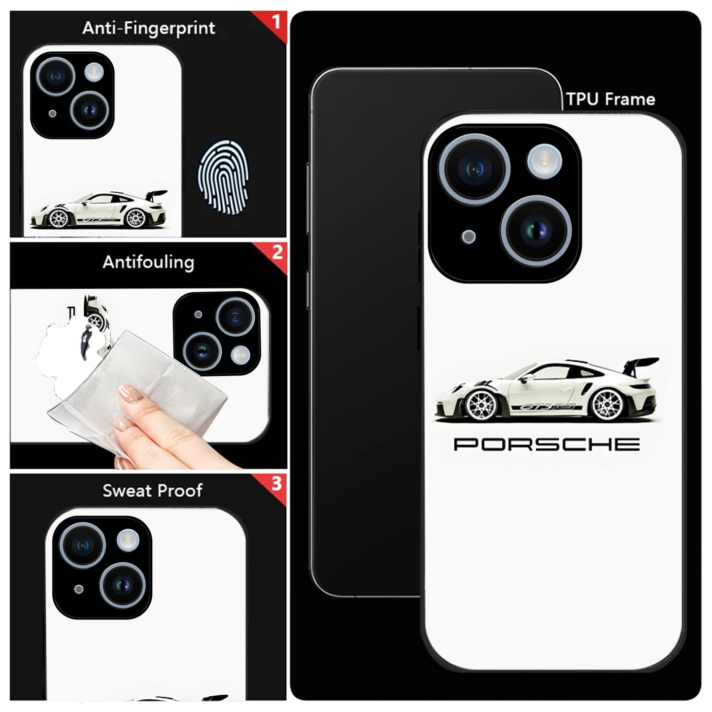 iPhone 14 Premium Acrylic Shockproof Glass Back Case (White Porsche)