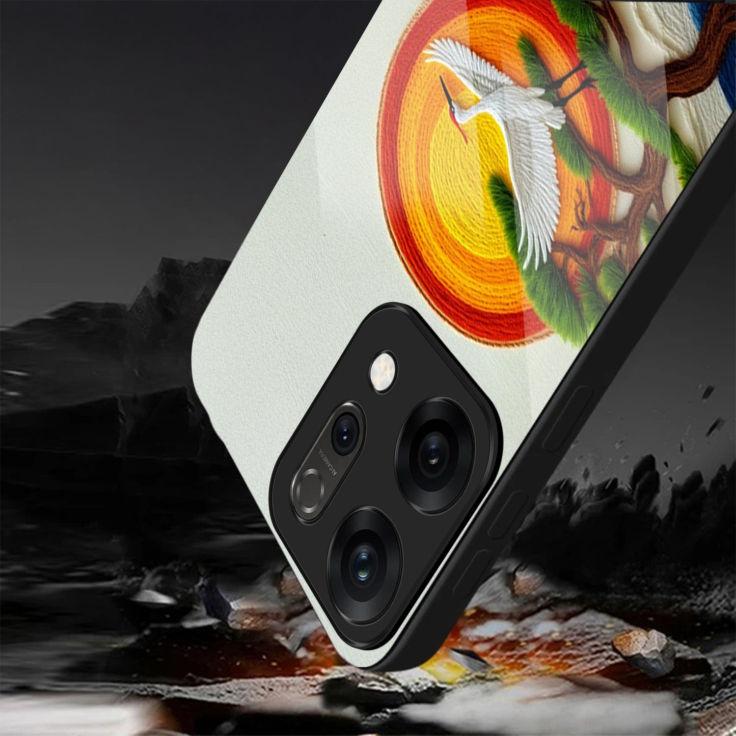 Oppo Reno 14 5G 3D Embroidery Style Crane Aesthetic Glass Case