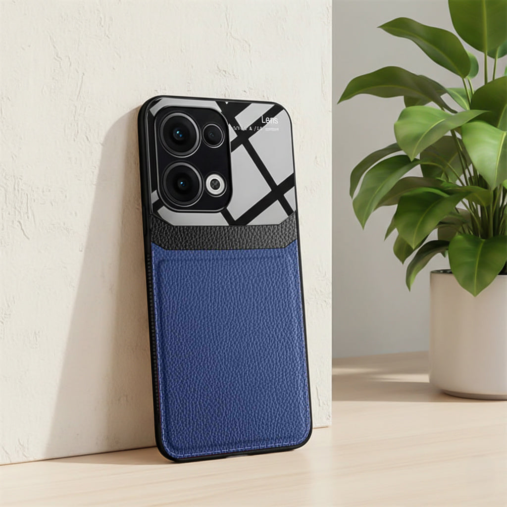 Oppo Reno 13 5G Phone case with blue leather texture and geometric design on a light surface with a plant in the background