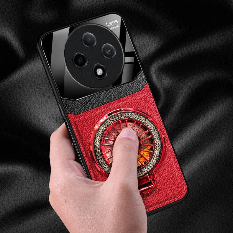 oppo f27 pro+ case with red interior and metallic hub design held by a hand on a dark background