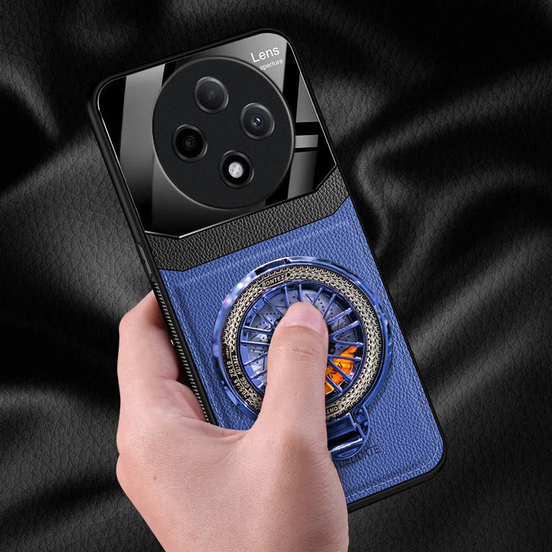 Blue oppo case with a textured design held by a hand on a dark background