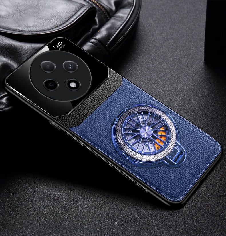 Blue oppo case with car wheel design on a dark surface