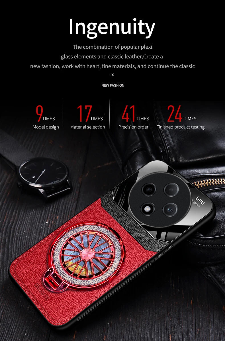 Red shockproof f27 pro+ case with decorative elements on a dark surface, featuring text about product development process.