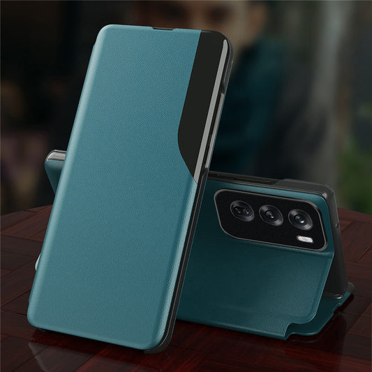 A blue leather flip case for Oppo Reno 12 Pro 5G smartphone, showing the front and back cover with a window view of the phone's screen.