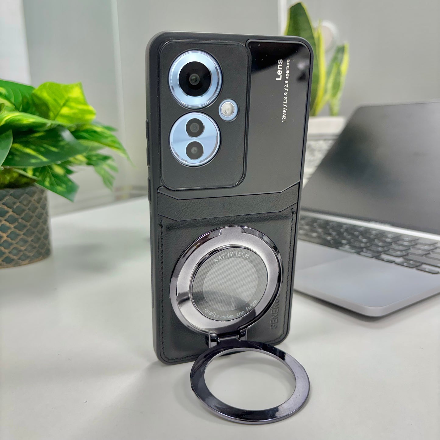 Oppo Reno11 F 5G Original Luxury Leather Lens Magnifier Ring Stand Case