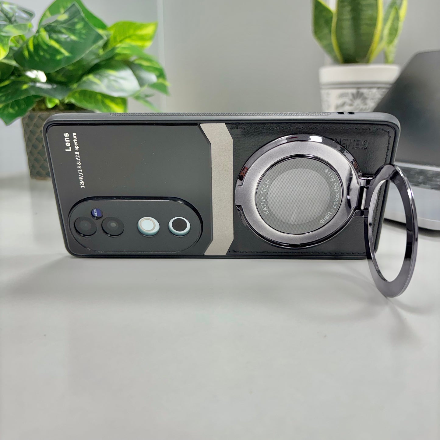 Vivo V40 Pro 5G Original Luxury Leather Lens Magnifier Ring Stand Case