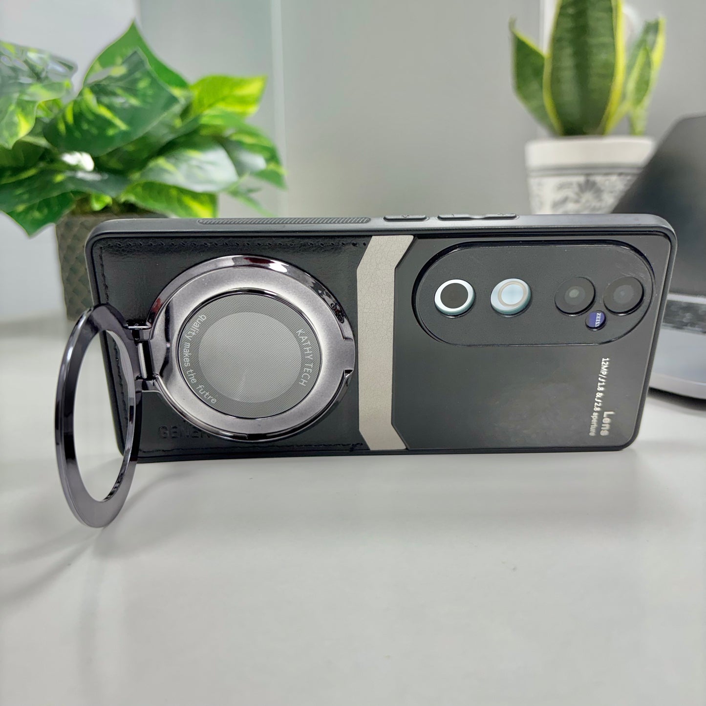 Vivo V40 Pro 5G Original Luxury Leather Lens Magnifier Ring Stand Case