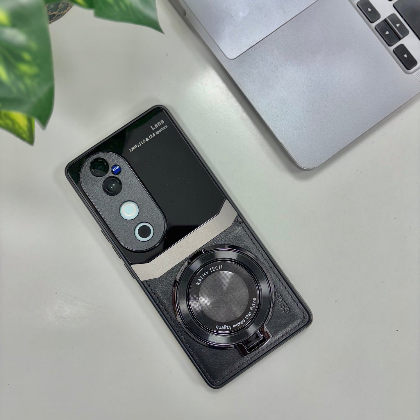 Vivo V40 Pro 5G Original Luxury Leather Lens Magnifier Ring Stand Case