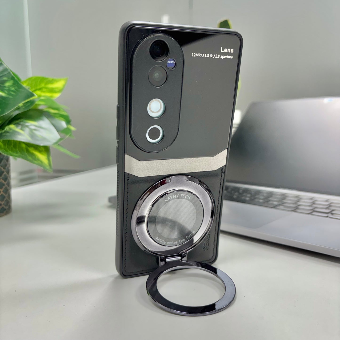 Vivo V40 Pro 5G Original Luxury Leather Lens Magnifier Ring Stand Case