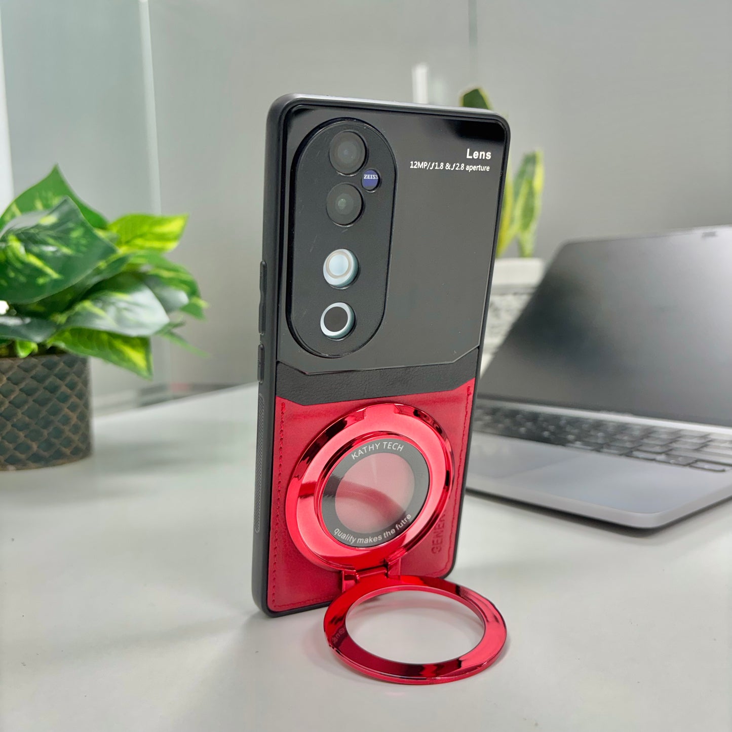 Vivo V40 Pro 5G Original Luxury Leather Lens Magnifier Ring Stand Case