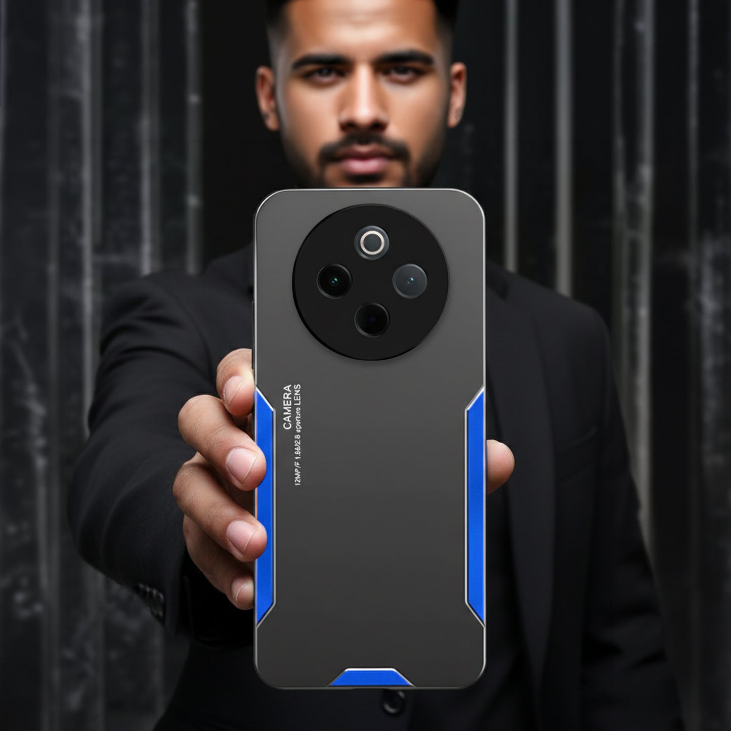 smartphone case with a black and blue design against a dark background