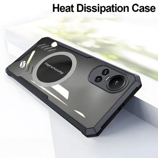 A black matte back cover case for the Oppo Reno 10 5G smartphone, featuring a heat dissipation design and button placements.