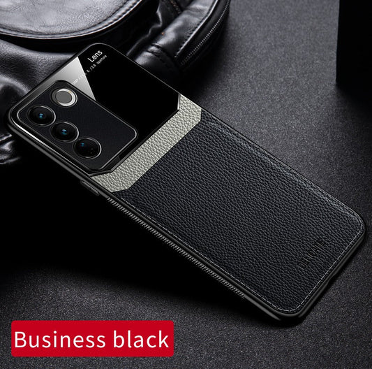 A black protective case for a Vivo V27 5G smartphone featuring a leather lens design.
