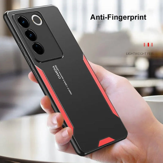 A hand holding a black mobile phone with a red accent on the camera area, showcasing a protective case with anti-fingerprint feature and a lightweight design.