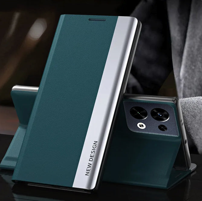 A green Oppo Reno 8 5G magnetic flip leather case standing upright, showing the front flip opened to reveal the camera protection.