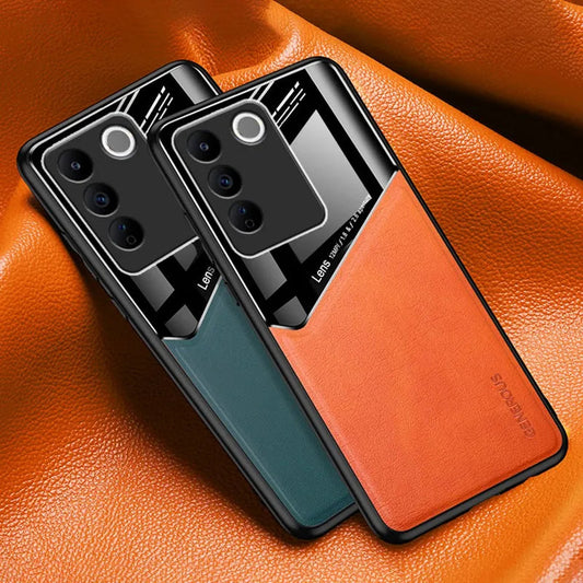 Two Vivo V27 5G smartphone cases with a leather design, one in black and the other in orange, showcasing the back side with the camera array and branding.