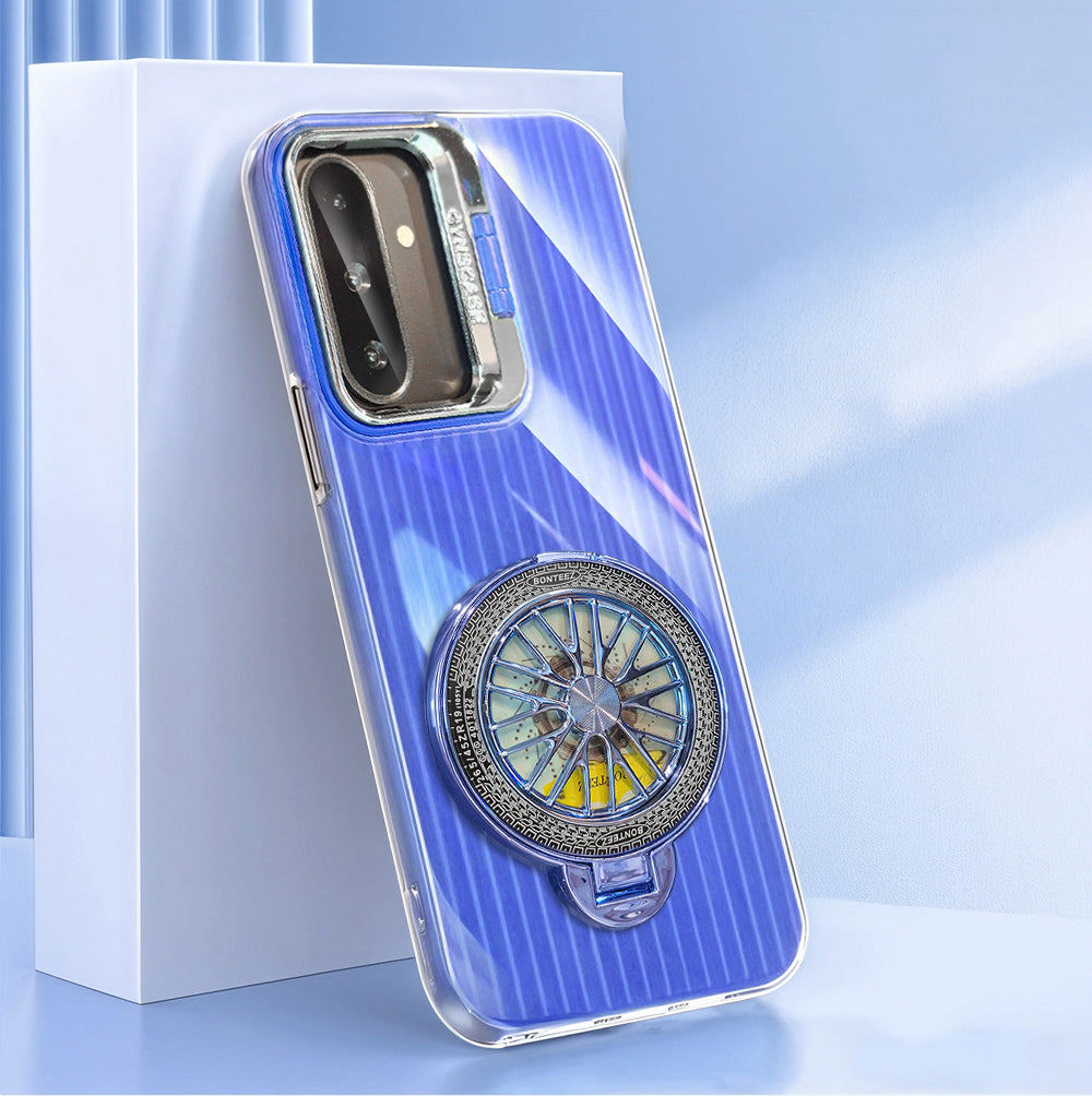Blue phone case with a ring holder on a light blue background