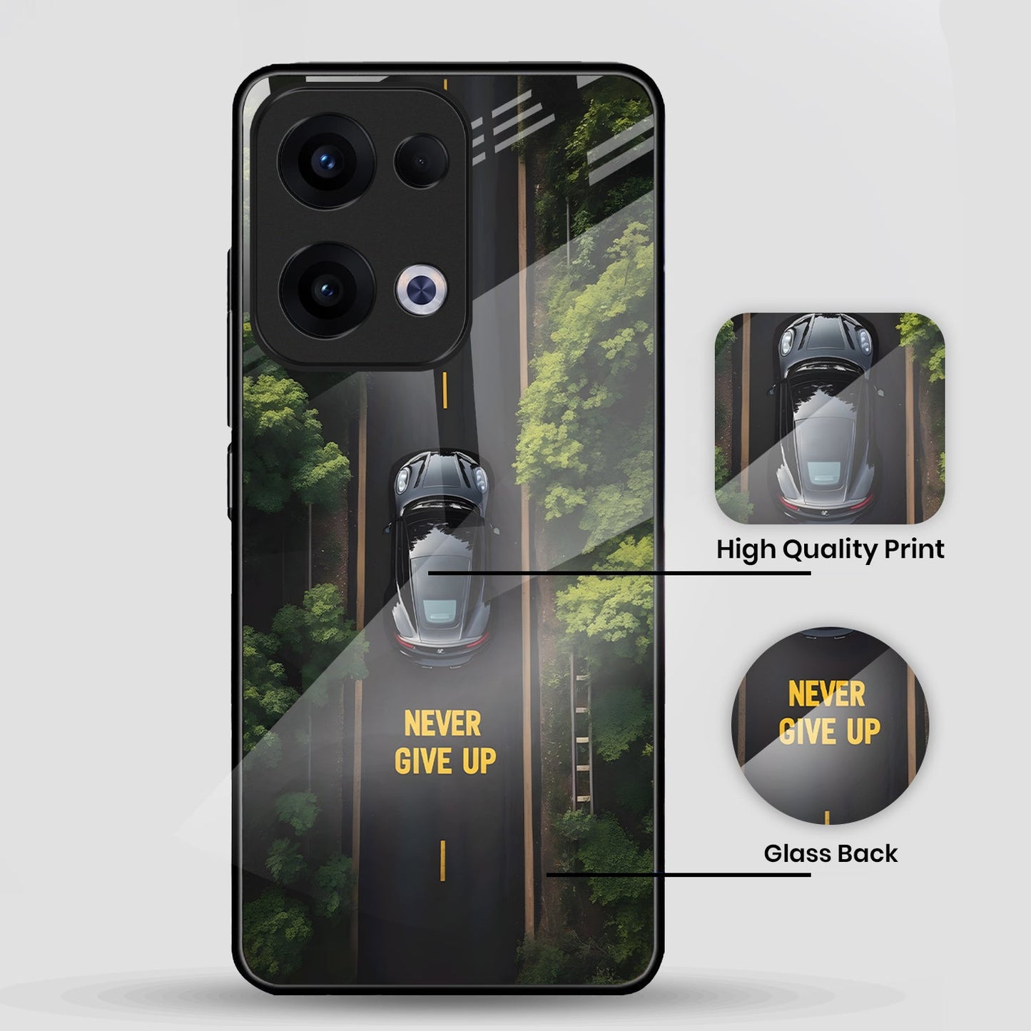 Oppo Reno 13 5G Premium Acrylic Shockproof Glass Back Case (Never Give up)