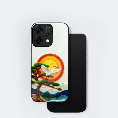 Oppo Reno 14 5G 3D Embroidery Style Crane Aesthetic Glass Case
