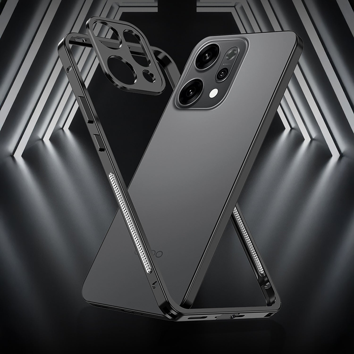 Oppo Reno 14 5G Black phone case with reflective surface on a dark geometric background