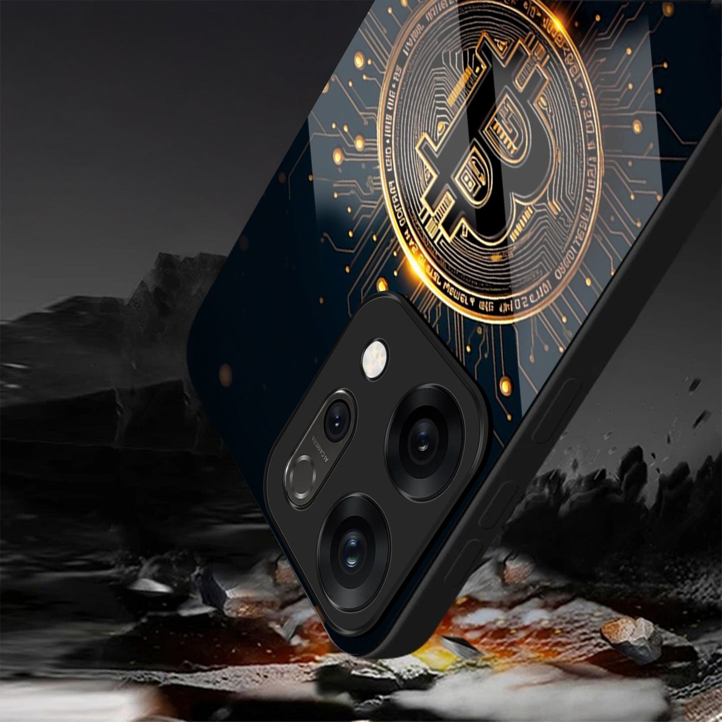 Oppo Reno 14 5G Premium Acrylic Shockproof Glass Back Case (Bitcoin Armor)