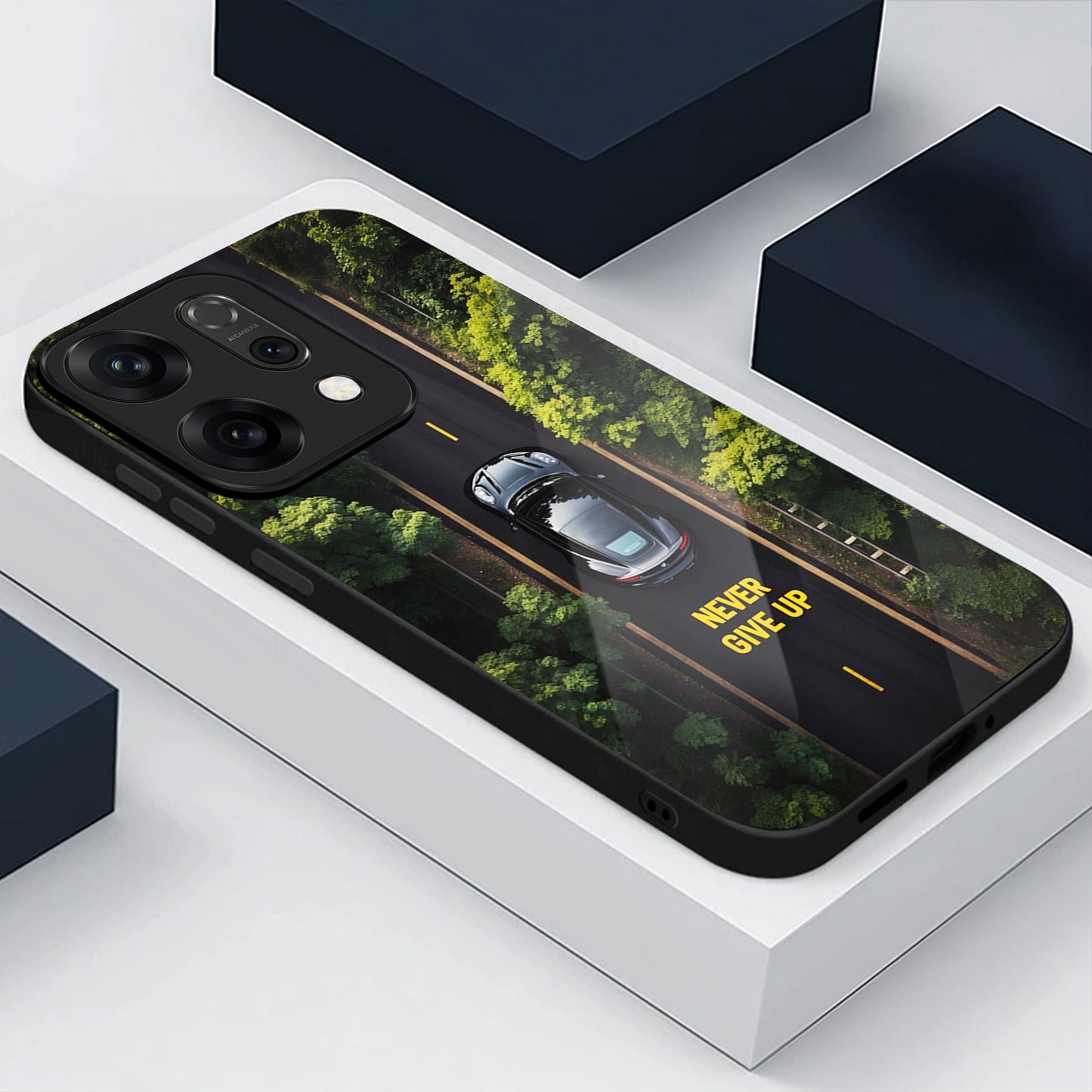 Oppo Reno 14 5G Premium Acrylic Shockproof Glass Back Case (Road Never Give Up)
