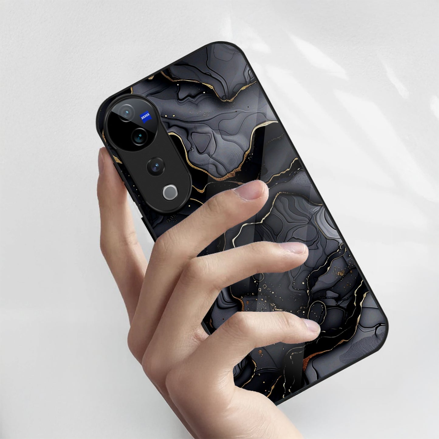 Vivo V40 Pro 5G Premium Acrylic Shockproof Glass Back Case (Black Marble)