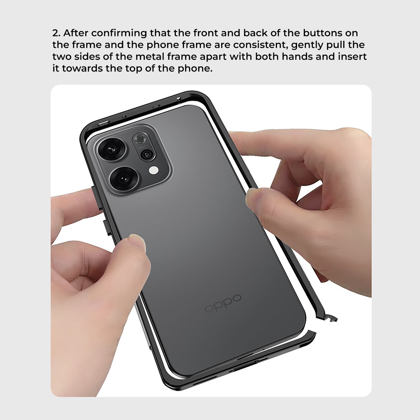 Oppo Reno 14 5G Person installing a phone case on an Oppo phone with text instructions.