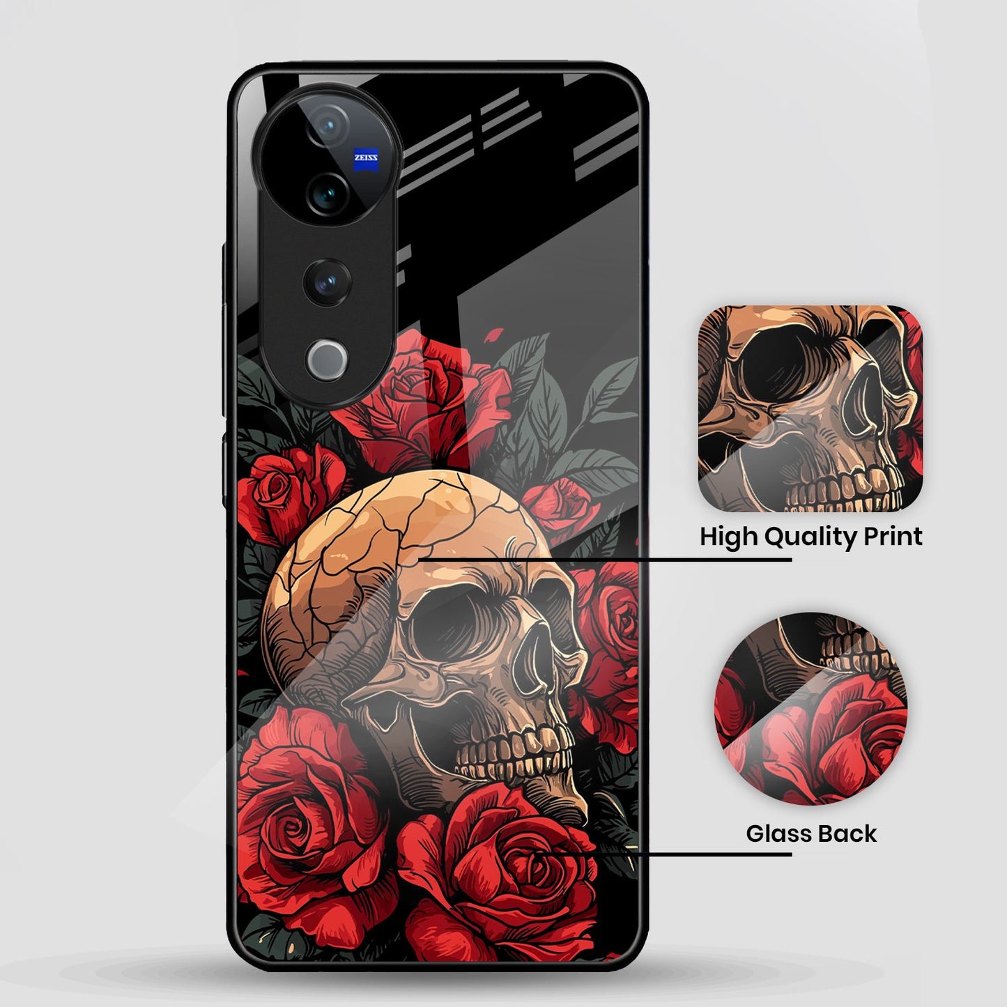 Vivo V40 Pro 5G Premium Acrylic Shockproof Glass Back Case (Rose Skull)