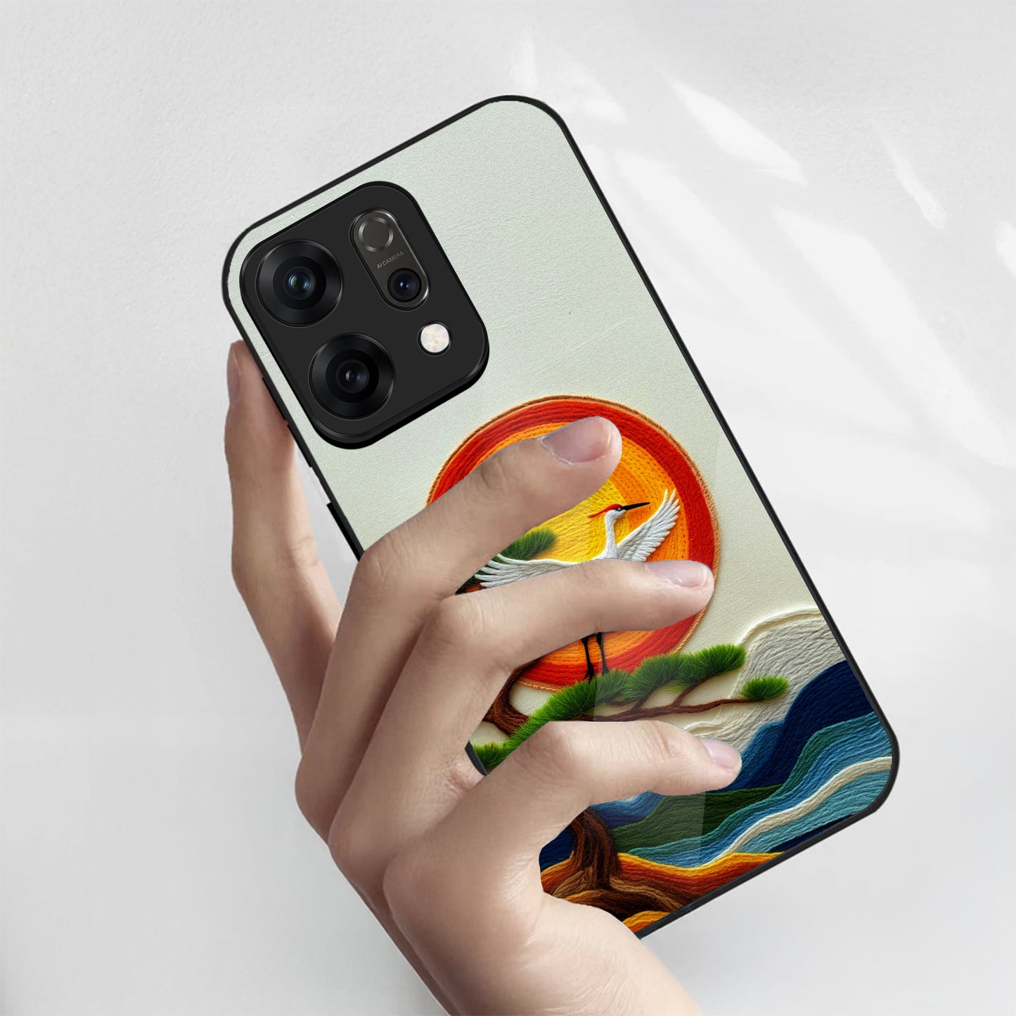 Oppo Reno 14 5G 3D Embroidery Style Crane Aesthetic Glass Case