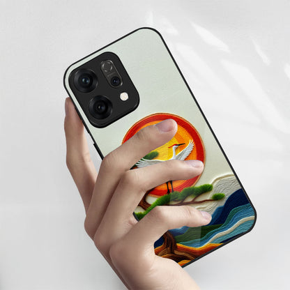 Oppo Reno 14 5G 3D Embroidery Style Crane Aesthetic Glass Case