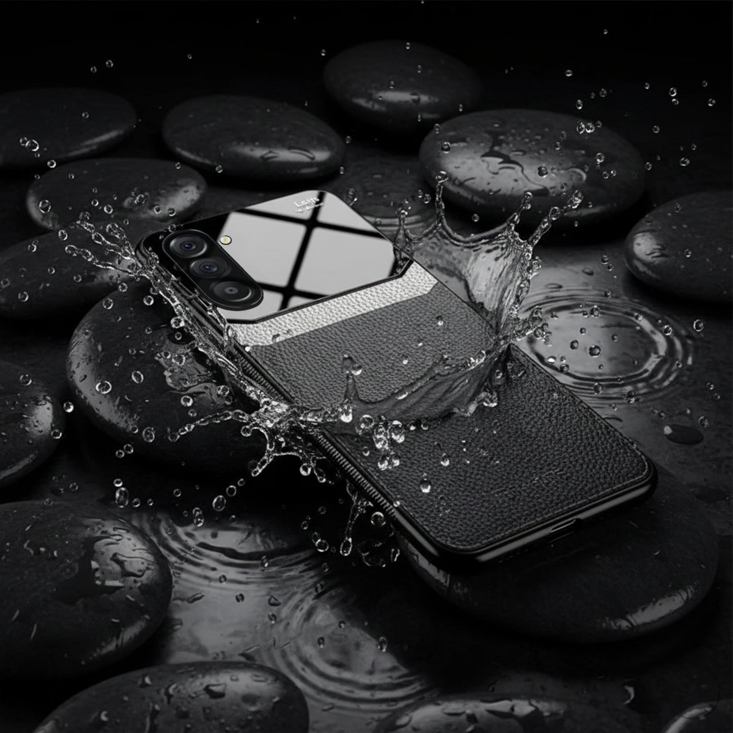 Samsung Galaxy A36 5G Phone case with water droplets on a dark stone surface