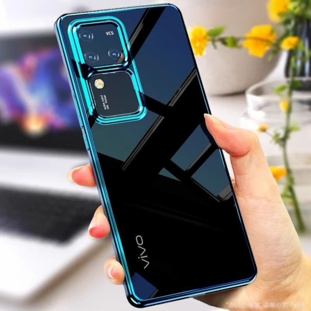 A hand holding a smartphone with a transparent case featuring a blue electroplated design.